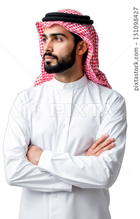 Man Arab Keffiyeh. A man of Middle Eastern descent with a beard, wearing a traditional white thobe and red Man Arab Keffiyeh. A man of Middle Eastern descent with a beard, wearing a traditional white thobe and red 131098427