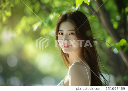 A smiling, beautiful-skinned Japanese woman surrounded by greenery. Hair and makeup style. A beautiful woman's image generated by AI (horizontal photo). A smiling, beautiful-skinned Japanese woman surrounded by greenery. Hair and makeup style. A beautiful woman's image generated by AI (horizontal photo). 131098469