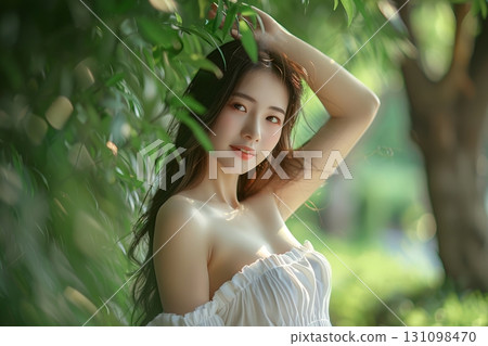 A smiling, beautiful-skinned Japanese woman surrounded by greenery. Hair and makeup style. A beautiful woman's image generated by AI (horizontal photo). A smiling, beautiful-skinned Japanese woman surrounded by greenery. Hair and makeup style. A beautiful woman's image generated by AI (horizontal photo). 131098470
