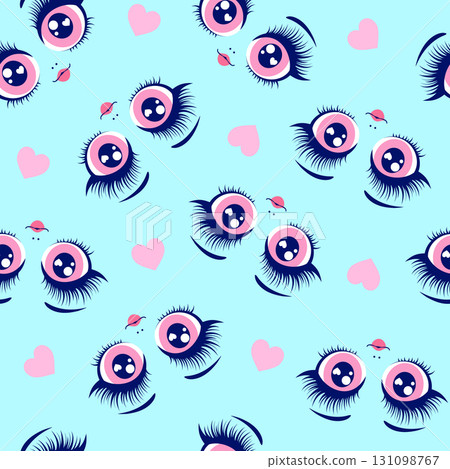 Seamless pattern of doll eyes and hearts on a light blue background. Seamless pattern of doll eyes and hearts on a light blue background. 131098767