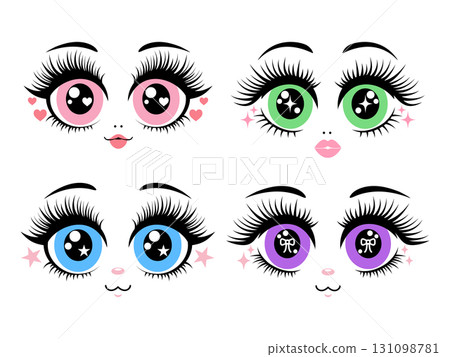 Set of cute cartoon doll eyes with long eyelashes and a variety of colors and expressions. 131098781