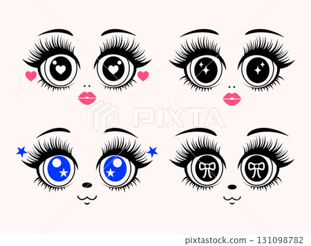 Collection of cute doll faces with big eyes, long eyelashes. Collection of cute doll faces with big eyes, long eyelashes. 131098782
