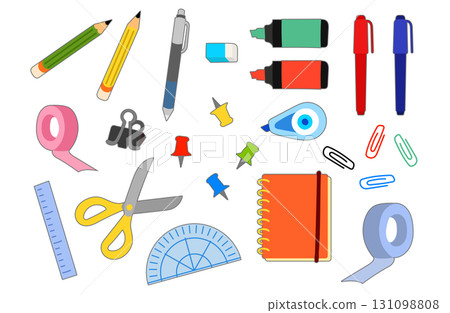 Stationery illustration set (with border, notebook, scissors, ruler, paper clip, masking tape) 131098808
