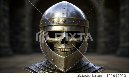 Skull helmet in ancient castle setting creates an eerie atmosphere during a medieval-themed event Skull helmet in ancient castle setting creates an eerie atmosphere during a medieval-themed event 131099020