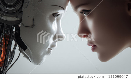 "Generative AI" - a futuristic image of a human and a humanoid facing each other and gazing at each other 131099047
