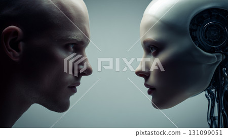 "Generative AI" is a futuristic concept image of humans and AI humanoids facing off against each other. 131099051