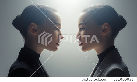 「生成式人工智慧」——兩個女人之間的對比讓人聯想到複製品或克隆品 131099055