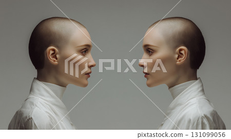 "Generative AI" - a contrast between two women reminiscent of copies or clones 131099056
