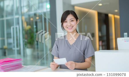 "Generative AI" medical office staff at hospital and clinic reception desks 131099078