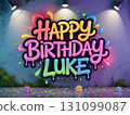 Colorful Happy Birthday Luke poster with balloons and gifts. Festive party decoration background 131099087