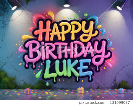 Colorful Happy Birthday Luke poster with balloons and gifts. Festive party decoration background 131099087