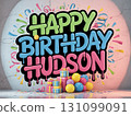 Colorful Happy Birthday Hudson poster with balloons and gifts. Festive party decoration background 131099091