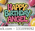 Colorful Happy Birthday Angel poster with balloons and gifts. Festive party decoration background 131099092