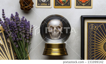 Skull crystal ball with tarot cards and lavender displayed on a table during a mystical evening 131099142