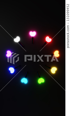 Colorful heart-shaped penlights on a black background. Bird's-eye view. 3D (portrait) Colorful heart-shaped penlights on a black background. Bird's-eye view. 3D (portrait) 131099452