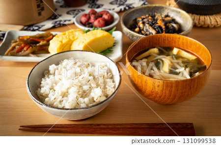 Japanese food, barley rice and miso soup, side dishes Japanese food, barley rice and miso soup, side dishes 131099538