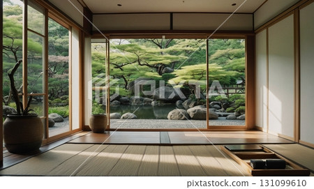 Tatami Room Overlooking Japanese Pond 131099610