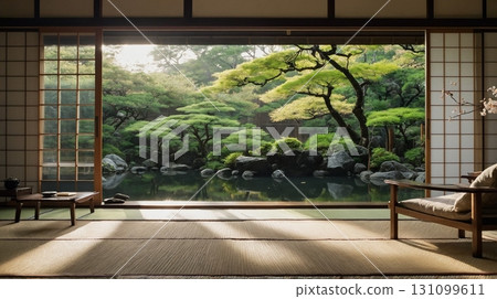 Tatami Room Overlooking Japanese Pond 131099611