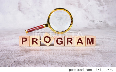 The concept word PROGRAM is collected of wooden cubes with a magnifying glass in the background .Loyalty Program Shopping concept 131099679