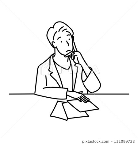 Stock Illustration: Line drawing of a male doctor thinking about documents 131099728