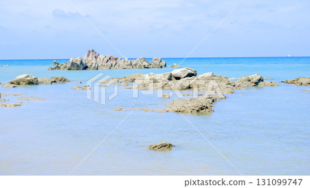 Rocky Coastal Beach with Calm Blue Ocean Horizon 131099747