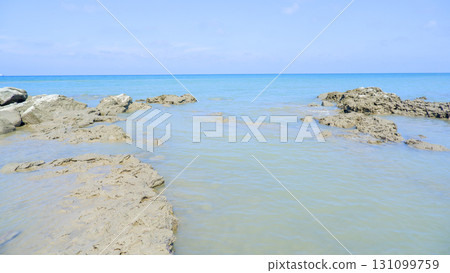 Flat Coastal Rock Formation in a Calm Tropical Sea 131099759