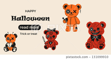 Web page design template. Spooky Halloween Teddy Bears with Voodoo Details Web page design template. Spooky Halloween Teddy Bears with Voodoo Details 131099910