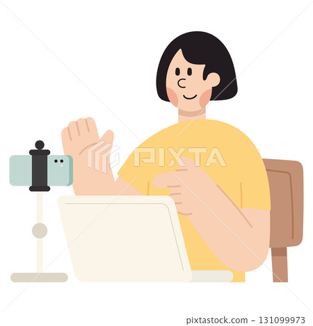 Vector cartoon illustration of woman live streaming with a smartphone. Online content creation, social media, and digital lifestyle concept. Vector cartoon illustration of woman live streaming with a smartphone. Online content creation, social media, and digital lifestyle concept. 131099973