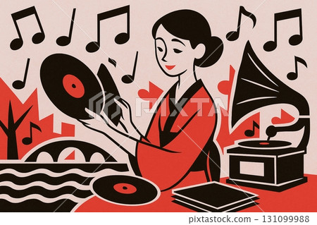 復古藝術風格：聽唱片和留聲機的女人 131099988