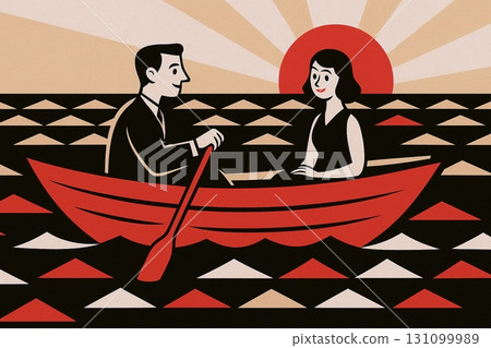 Retro art style couple on a boat Retro art style couple on a boat 131099989