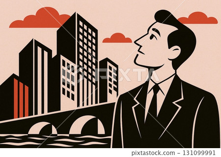 復古藝術風格:一名男子仰望城市建築 復古藝術風格:一名男子仰望城市建築 131099991