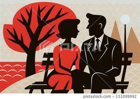 復古藝術風格的情侶坐在公園的長椅上 復古藝術風格的情侶坐在公園的長椅上 131099992