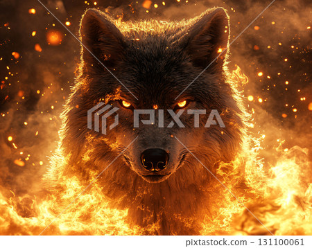 Fantasy World Wolf with Magic Flames. The Great Power of Flames. AI Generated. 131100061
