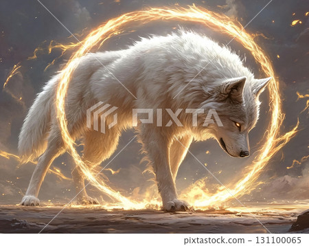 Concept image of a red wolf and flame on a black. Flaming wolf. AI Generated. 131100065