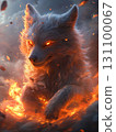 Concept image of a red wolf and flame on a black. Flaming wolf. AI Generated. 131100067