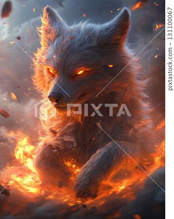 Concept image of a red wolf and flame on a black. Flaming wolf. AI Generated. 131100067