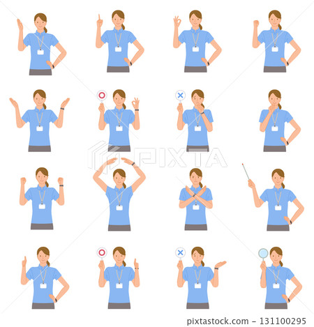 一位身穿 Polo 衫的年輕女健身房工作人員的姿勢 131100295