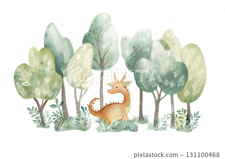Watercolor illustration of a cute dragon in the forest. Perfect for children's picture books and character design. 131100468