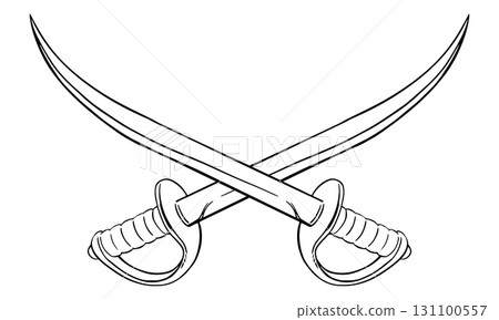 Two crossed curved arabian sword. Cold steel weapon. Vector sketch of pirate sabre. Corsair's broadsword with a narrow blade. Linear drawing on a white background. Two crossed curved arabian sword. Cold steel weapon. Vector sketch of pirate sabre. Corsair's broadsword with a narrow blade. Linear drawing on a white background. 131100557