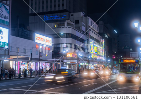 Saitama Prefecture: Omiya Station, a bustling nightlife district lit up by neon lights 131100561