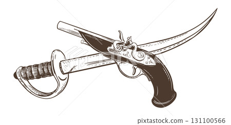 Sabre and flintlock pistol. Pirate weapons. Vector sketch of broadsword and firearms of Corsair. Imitation of old engraving. 131100566