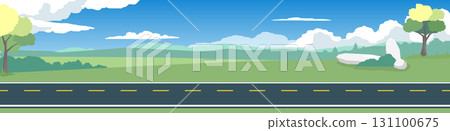 Landscape view of green hills for banner. Asphalt road near the meadow with green hills under clear sky. scattered trees and grass. Copy Space Flat Vector. Landscape view of green hills for banner. Asphalt road near the meadow with green hills under clear sky. scattered trees and grass. Copy Space Flat Vector. 131100675