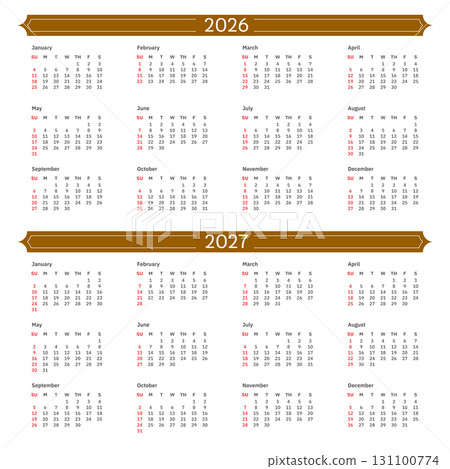 Monthly calendar template for 2026 and 2027 year. Desk calendar 2026 and 2027 design, simple and clean design, Wall calendar for print, digital calendar, Corporate design planner template vector. 131100774