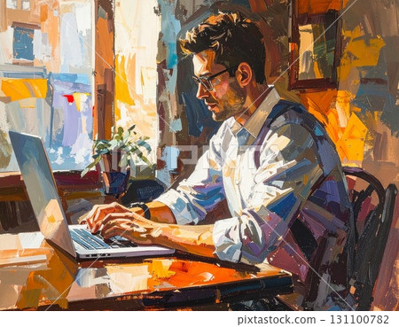 Oil painting of a man working on a computer in a cafe 131100782