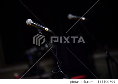 Microphones on the empty stage. Live music entertainment industry 131100795