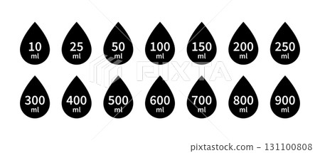 Water capacity icons set. Liquid volume symbol from 10 to 900 liters. Water drop line icon. Fluid volume. ML sign. Scale for liquid or ingredient. Vector illustration isolated on white background 131100808
