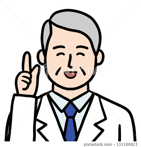Senior male doctor scientist researcher in white coat pointing up pose icon 131100821