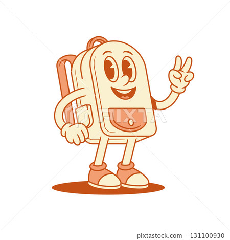 Cheerful cute schoolbag backpack cartoon character peace gesture isometric vector illustration 131100930