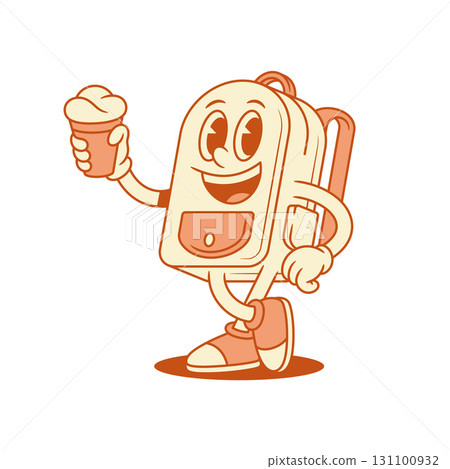 Funny happy schoolbag backpack cartoon character with ice cream isometric vector illustration Funny happy schoolbag backpack cartoon character with ice cream isometric vector illustration 131100932