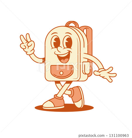 Happy schoolbag back to school cartoon character peace gesture isometric vector illustration 131100963